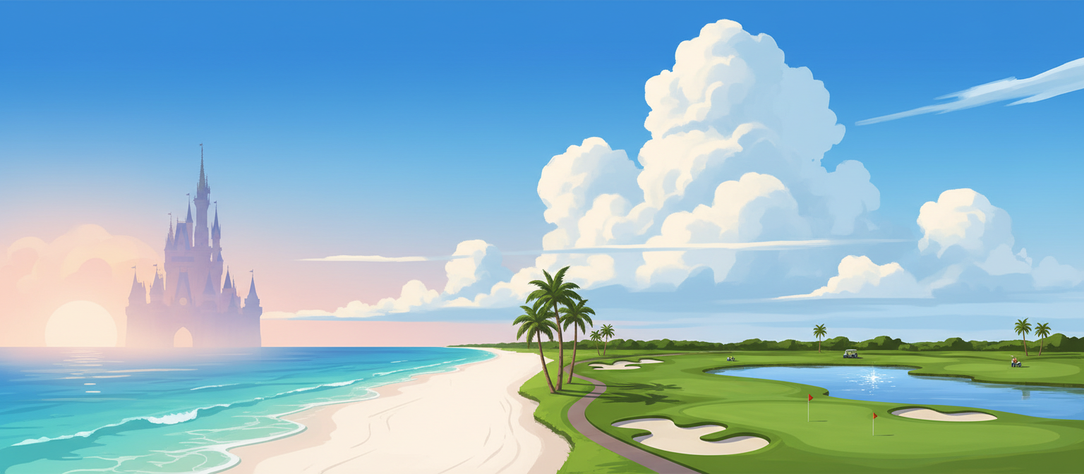 Beautiful Florida landscapes with theme parks, beaches, and golf courses