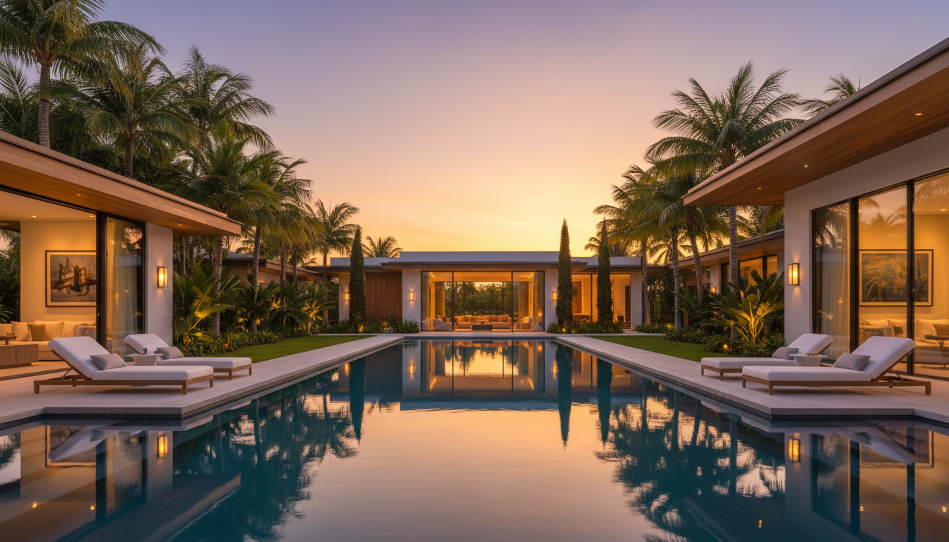 Luxurious Florida vacation villa with private pool at golden hour
